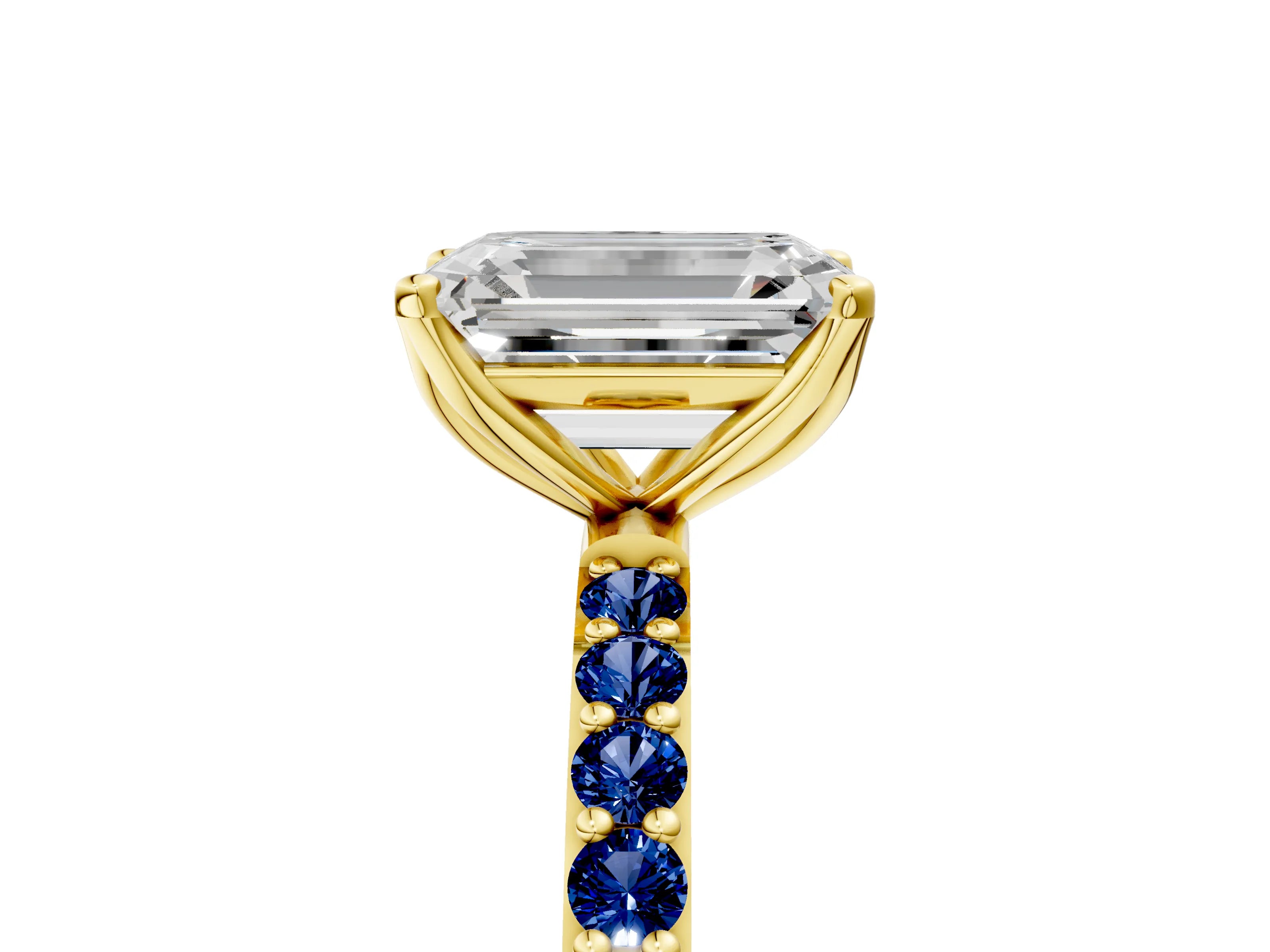 Yellow gold Emerald Cut Diamond Solitaire Engagement Ring with Round with Blue Sapphire side stone Pavé Band and Prong Setting_5