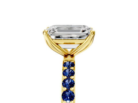 Yellow gold Emerald Cut Diamond Solitaire Engagement Ring with Round with Blue Sapphire side stone Pavé Band and Prong Setting_5
