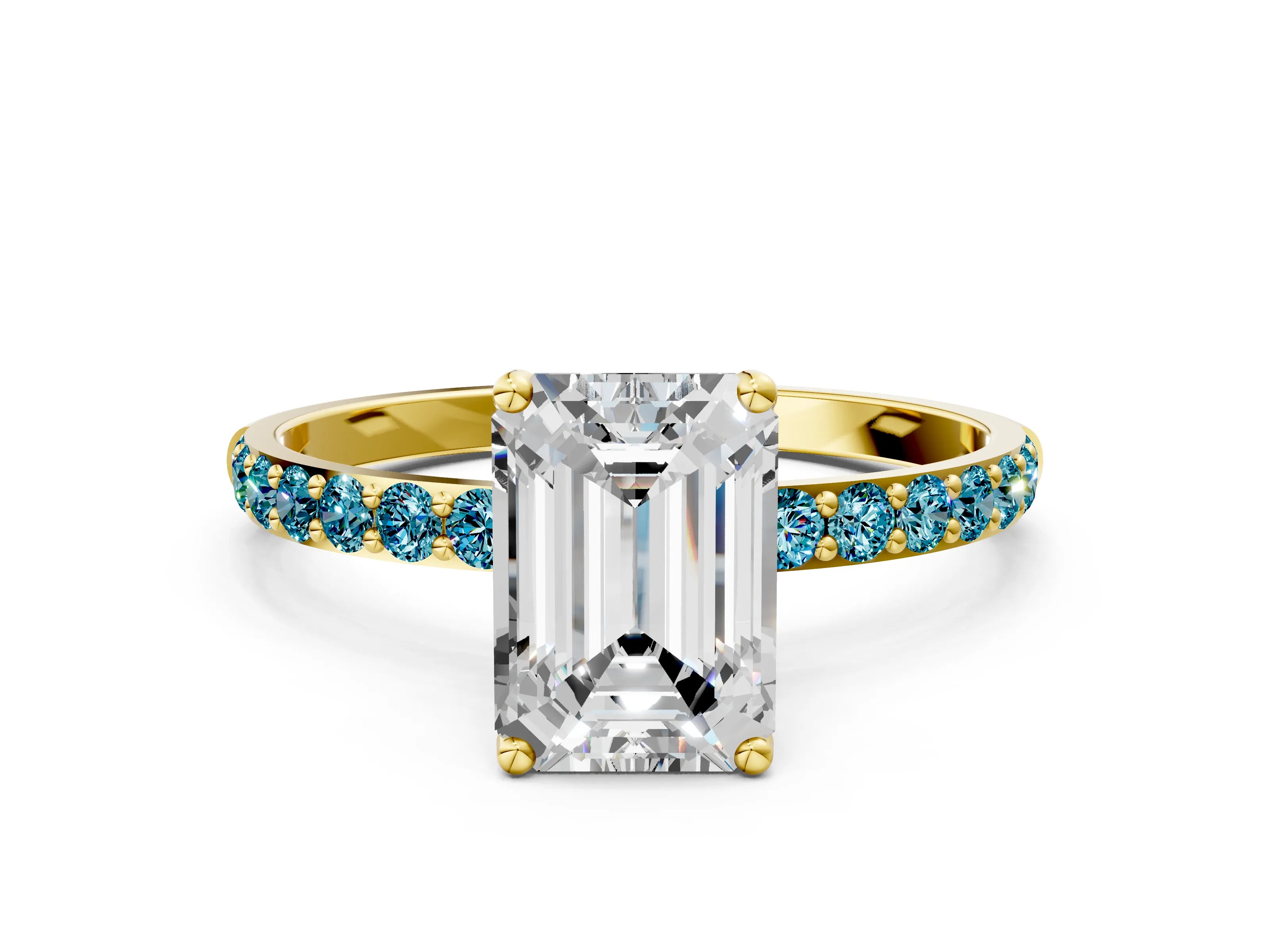 Yellow gold Emerald Cut Diamond Solitaire Engagement Ring with Round with Blue Topaz side stone Pavé Band and Prong Setting