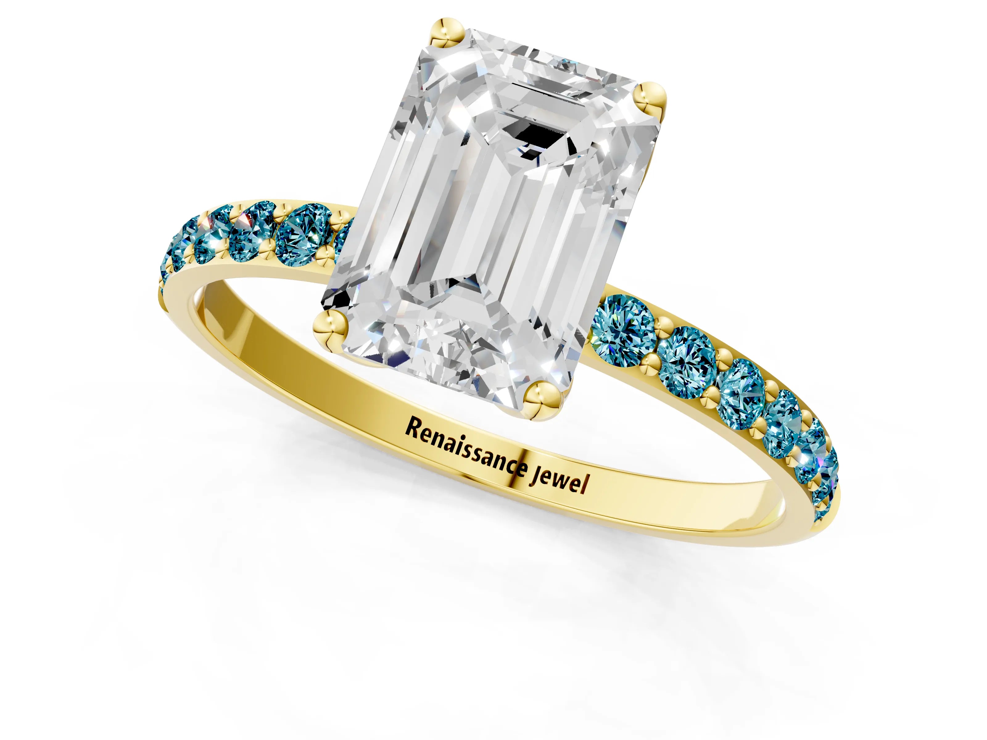 Yellow gold Emerald Cut Diamond Solitaire Engagement Ring with Round with Blue Topaz side stone Pavé Band and Prong Setting_1