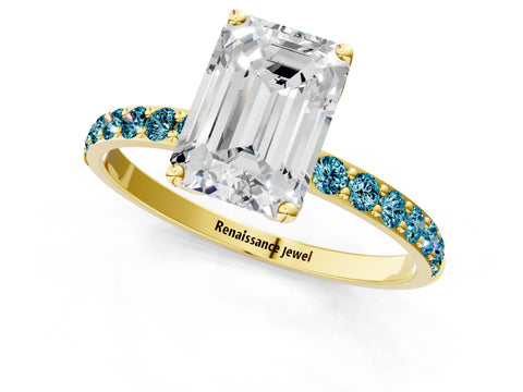 Yellow gold Emerald Cut Diamond Solitaire Engagement Ring with Round with Blue Topaz side stone Pavé Band and Prong Setting_1