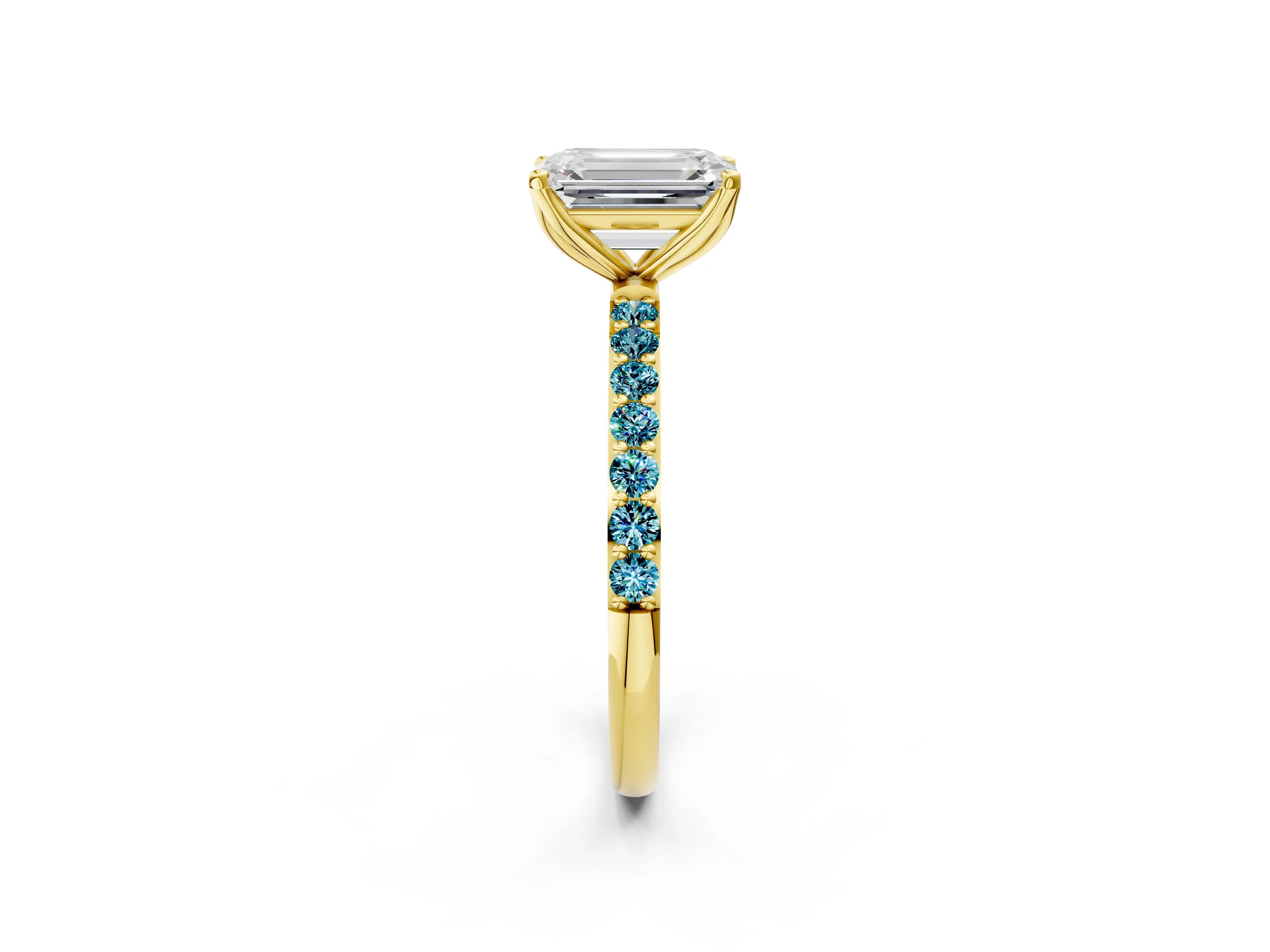 Yellow gold Emerald Cut Diamond Solitaire Engagement Ring with Round with Blue Topaz side stone Pavé Band and Prong Setting_2