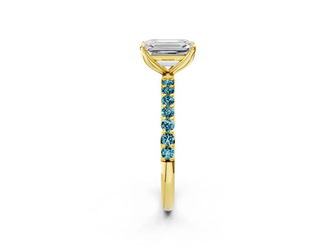Yellow gold Emerald Cut Diamond Solitaire Engagement Ring with Round with Blue Topaz side stone Pavé Band and Prong Setting_2