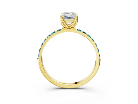 Yellow gold Emerald Cut Diamond Solitaire Engagement Ring with Round with Blue Topaz side stone Pavé Band and Prong Setting_3