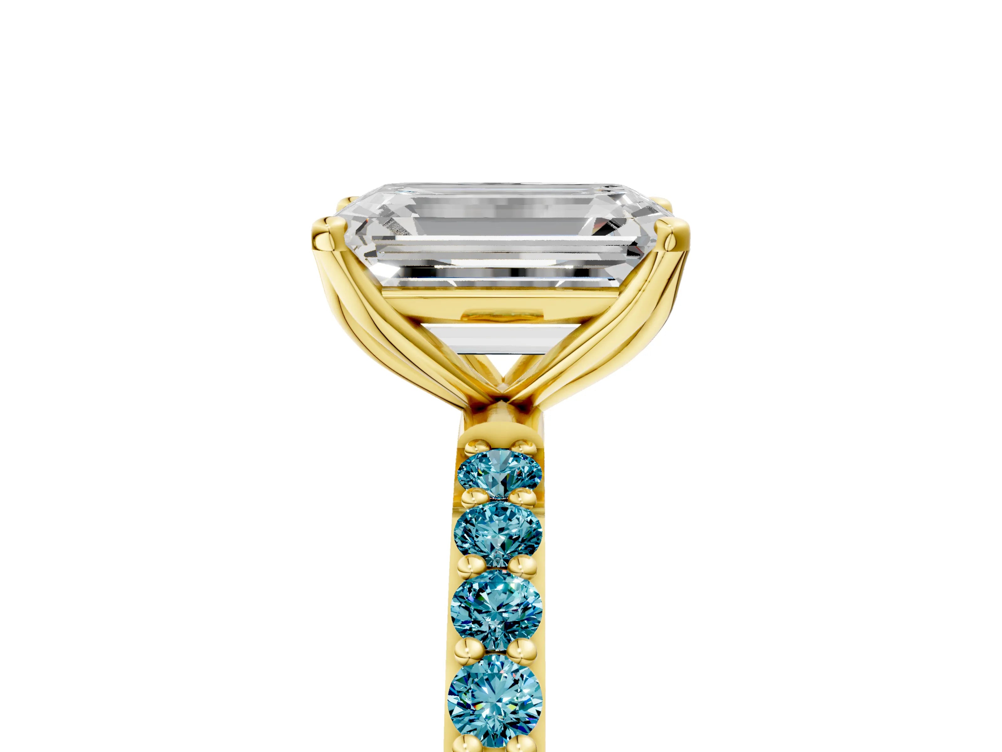 Yellow gold Emerald Cut Diamond Solitaire Engagement Ring with Round with Blue Topaz side stone Pavé Band and Prong Setting_5