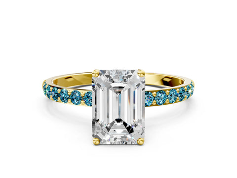 Yellow gold Emerald Cut Diamond Solitaire Engagement Ring with Round with Blue Topaz side stone Pavé Band and Prong Setting