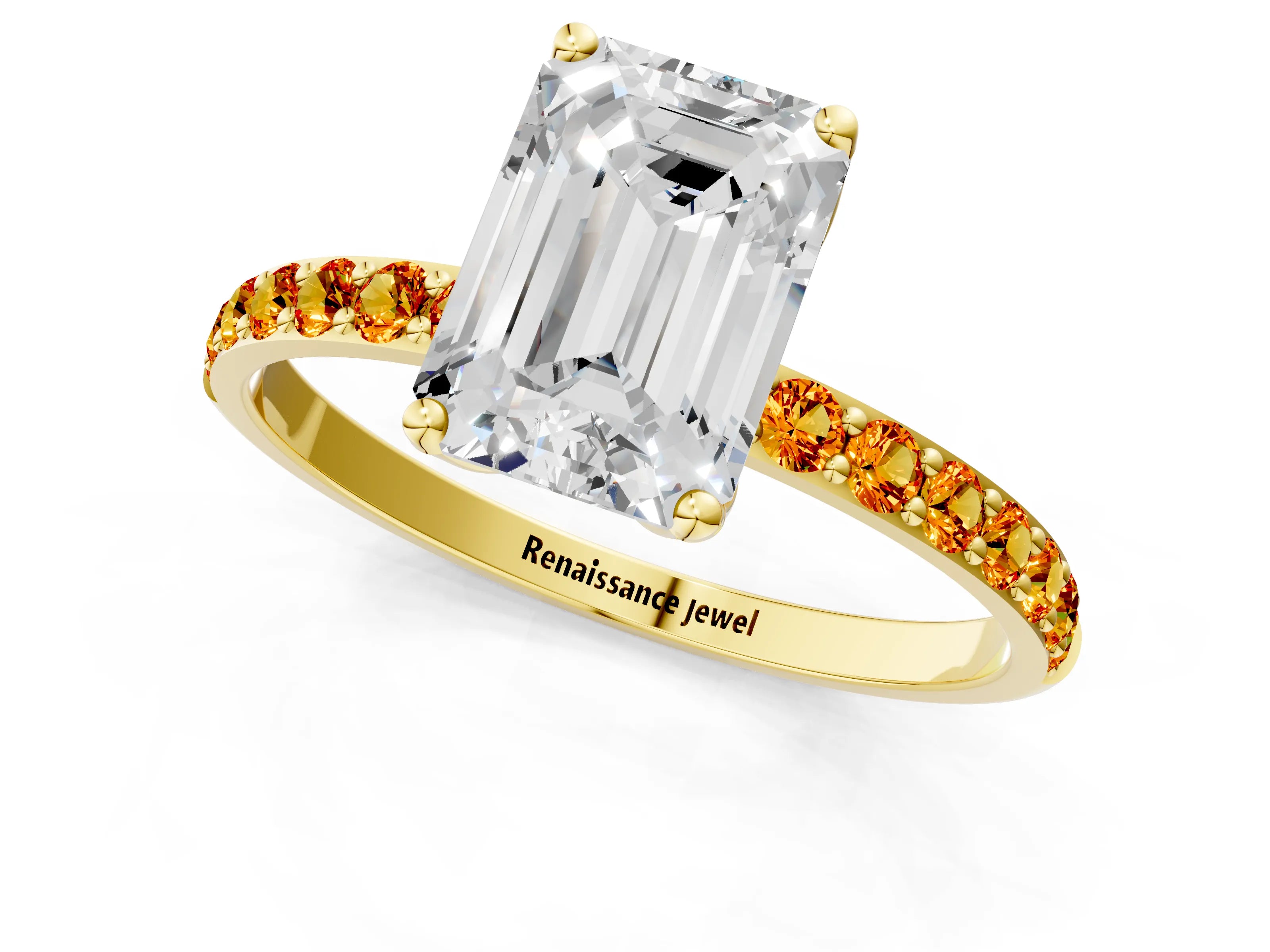 Yellow gold Emerald Cut Diamond Solitaire Engagement Ring with Round with Citrine side stone Pavé Band and Prong Setting_1