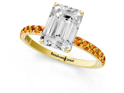 Yellow gold Emerald Cut Diamond Solitaire Engagement Ring with Round with Citrine side stone Pavé Band and Prong Setting_1