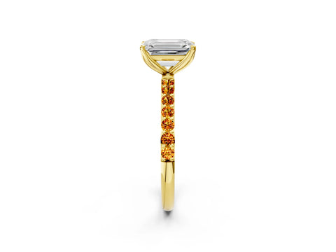 Yellow gold Emerald Cut Diamond Solitaire Engagement Ring with Round with Citrine side stone Pavé Band and Prong Setting_2