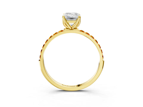 Yellow gold Emerald Cut Diamond Solitaire Engagement Ring with Round with Citrine side stone Pavé Band and Prong Setting_3
