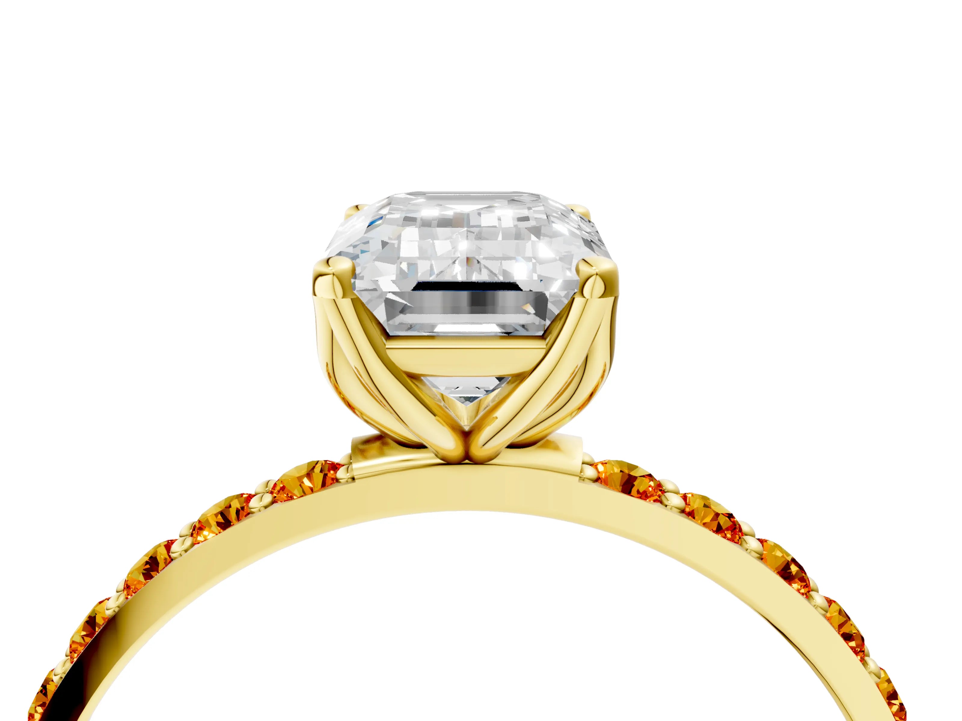 Yellow gold Emerald Cut Diamond Solitaire Engagement Ring with Round with Citrine side stone Pavé Band and Prong Setting_4