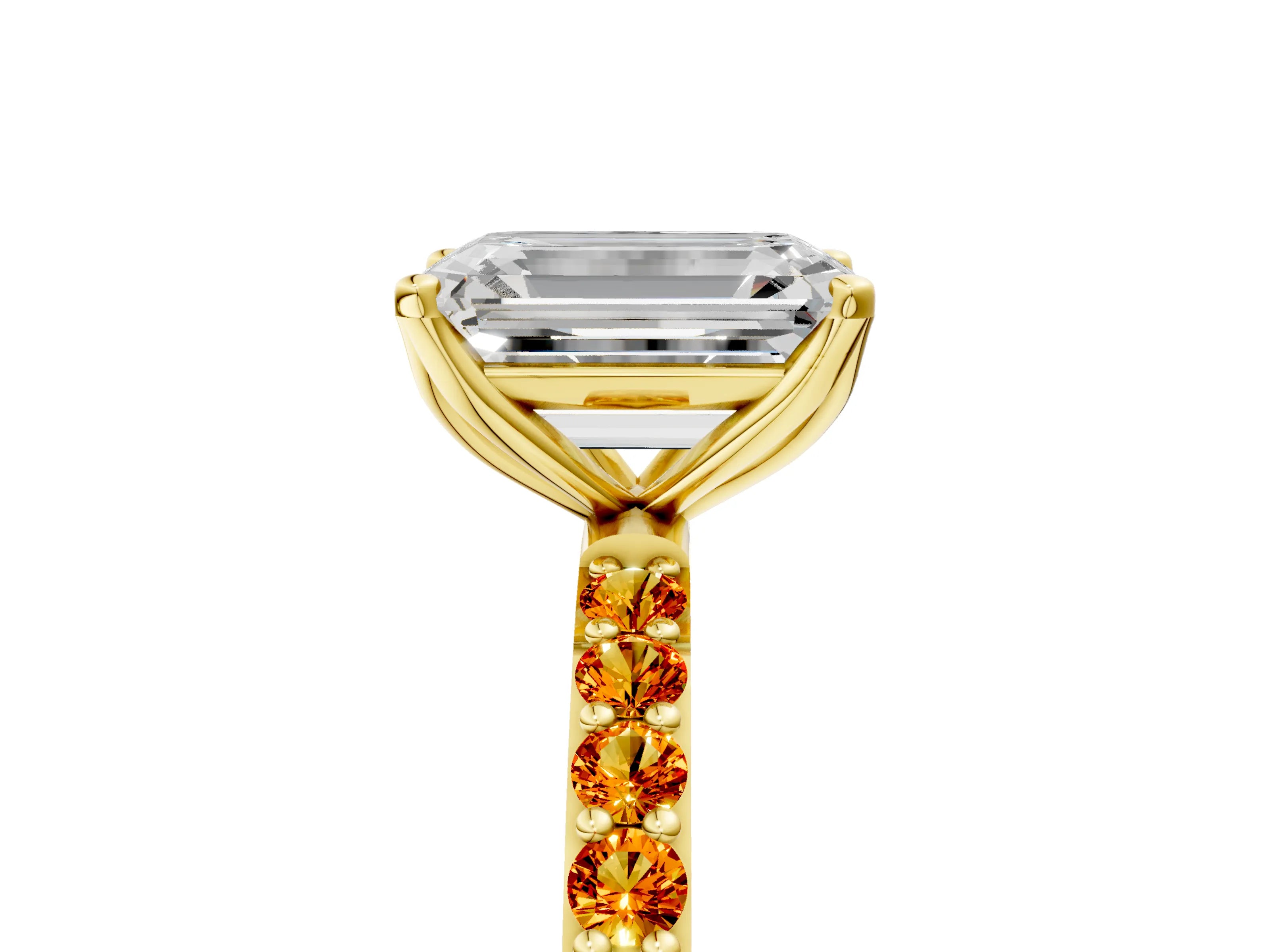 Yellow gold Emerald Cut Diamond Solitaire Engagement Ring with Round with Citrine side stone Pavé Band and Prong Setting_5