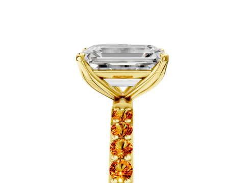 Yellow gold Emerald Cut Diamond Solitaire Engagement Ring with Round with Citrine side stone Pavé Band and Prong Setting_5