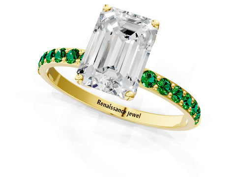 Yellow gold Emerald Cut Diamond Solitaire Engagement Ring with Round with Emerald side stone Pavé Band and Prong Setting_1