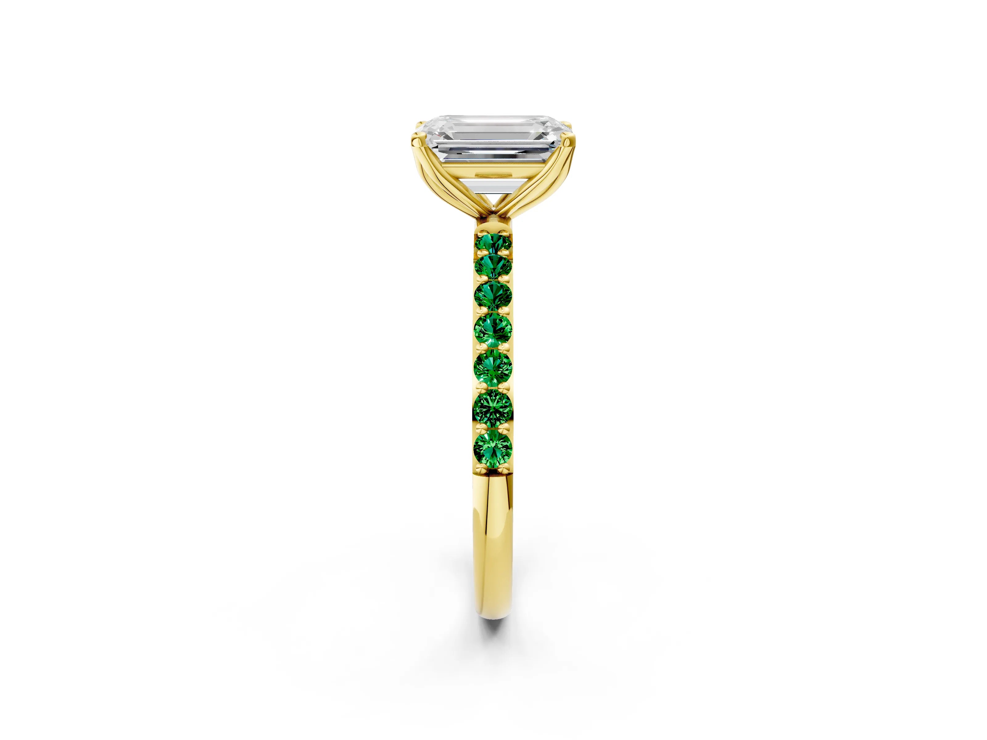 Yellow gold Emerald Cut Diamond Solitaire Engagement Ring with Round with Emerald side stone Pavé Band and Prong Setting_2