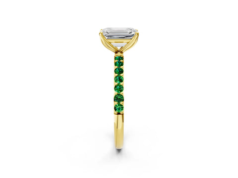 Yellow gold Emerald Cut Diamond Solitaire Engagement Ring with Round with Emerald side stone Pavé Band and Prong Setting_2