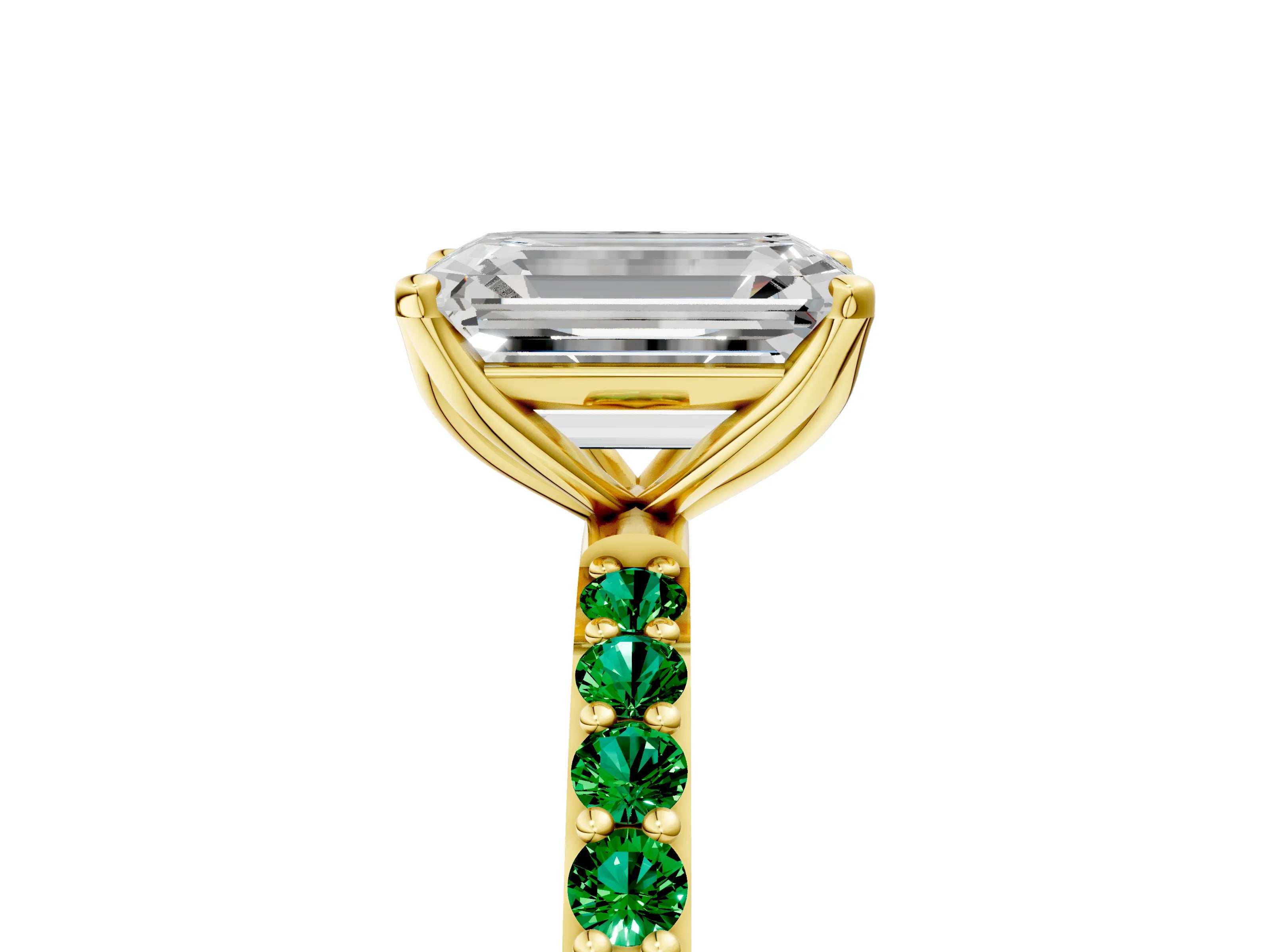 Yellow gold Emerald Cut Diamond Solitaire Engagement Ring with Round with Emerald side stone Pavé Band and Prong Setting_5