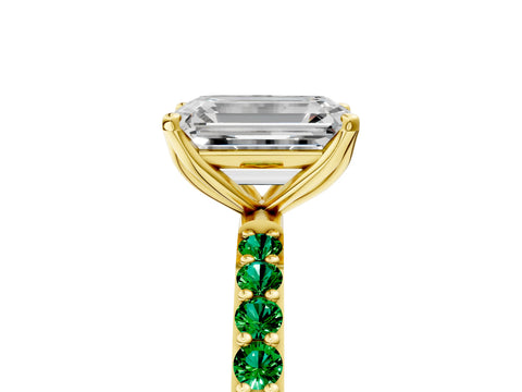 Yellow gold Emerald Cut Diamond Solitaire Engagement Ring with Round with Emerald side stone Pavé Band and Prong Setting_5