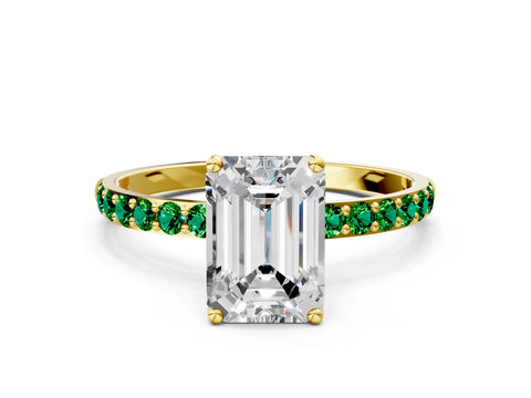 Yellow gold Emerald Cut Diamond Solitaire Engagement Ring with Round with Emerald side stone Pavé Band and Prong Setting