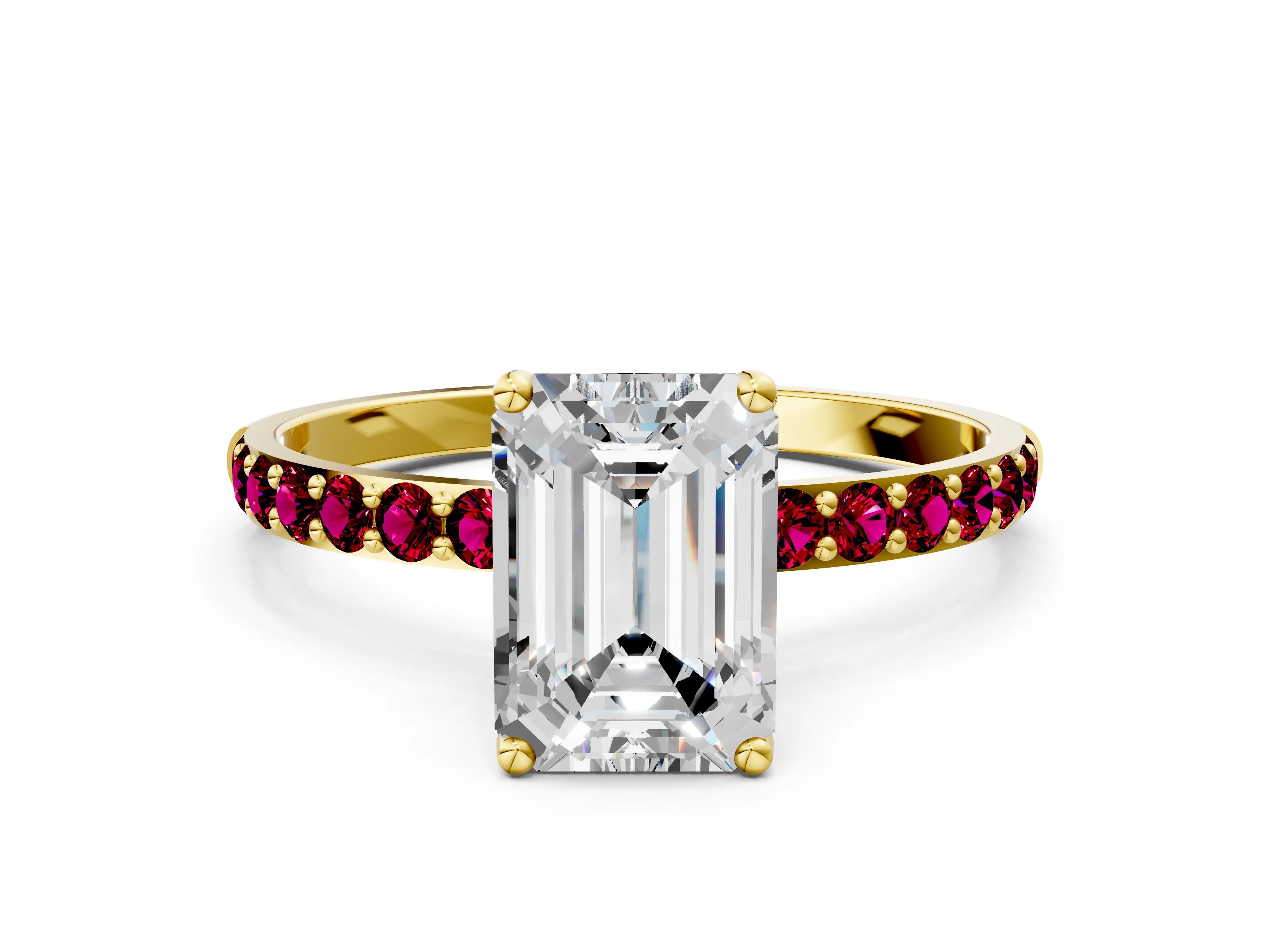 Yellow gold Emerald Cut Diamond Solitaire Engagement Ring with Round with Garnet side stone Pavé Band and Prong Setting