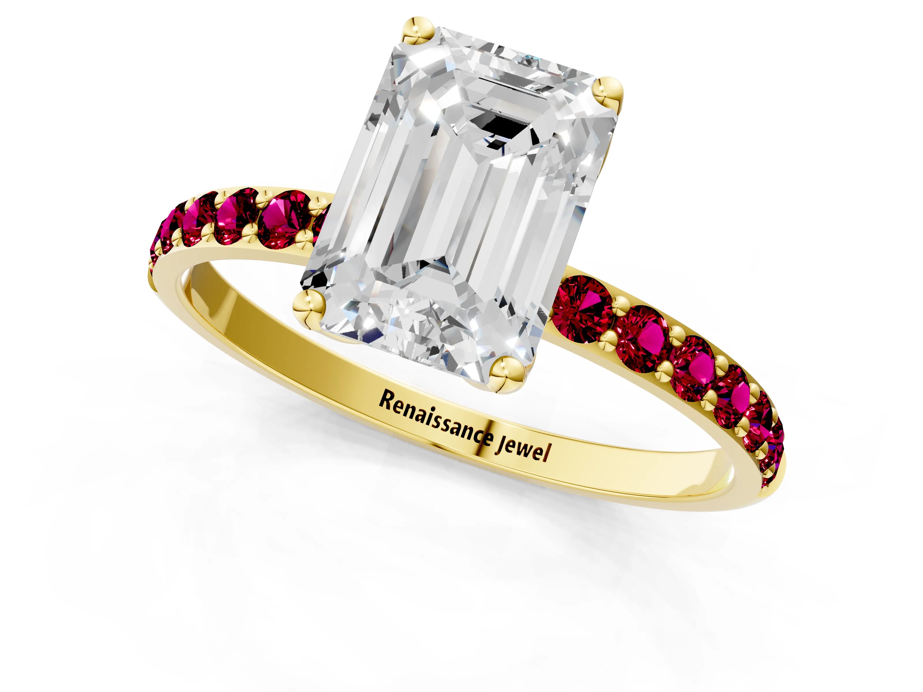 Yellow gold Emerald Cut Diamond Solitaire Engagement Ring with Round with Garnet side stone Pavé Band and Prong Setting_1