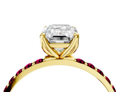 Yellow gold Emerald Cut Diamond Solitaire Engagement Ring with Round with Garnet side stone Pavé Band and Prong Setting_4