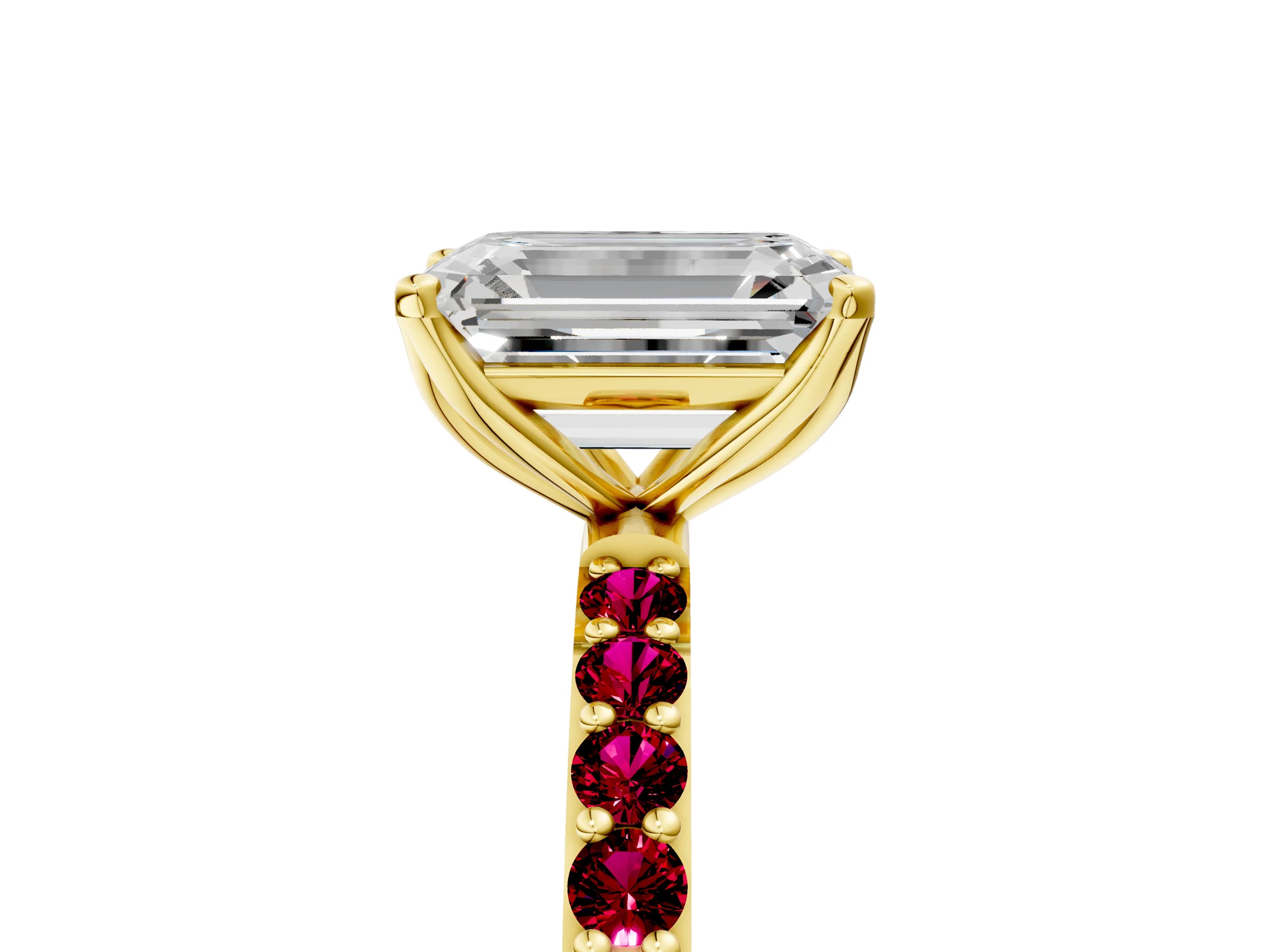 Yellow gold Emerald Cut Diamond Solitaire Engagement Ring with Round with Garnet side stone Pavé Band and Prong Setting_5