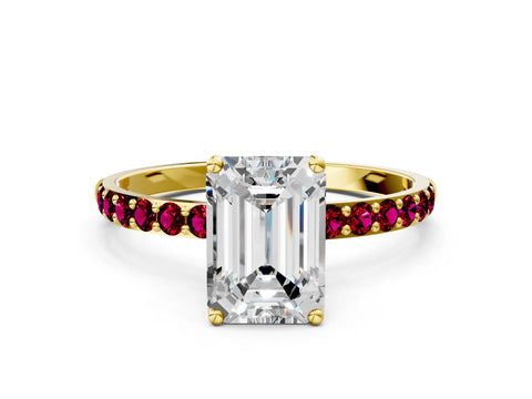 Yellow gold Emerald Cut Diamond Solitaire Engagement Ring with Round with Garnet side stone Pavé Band and Prong Setting