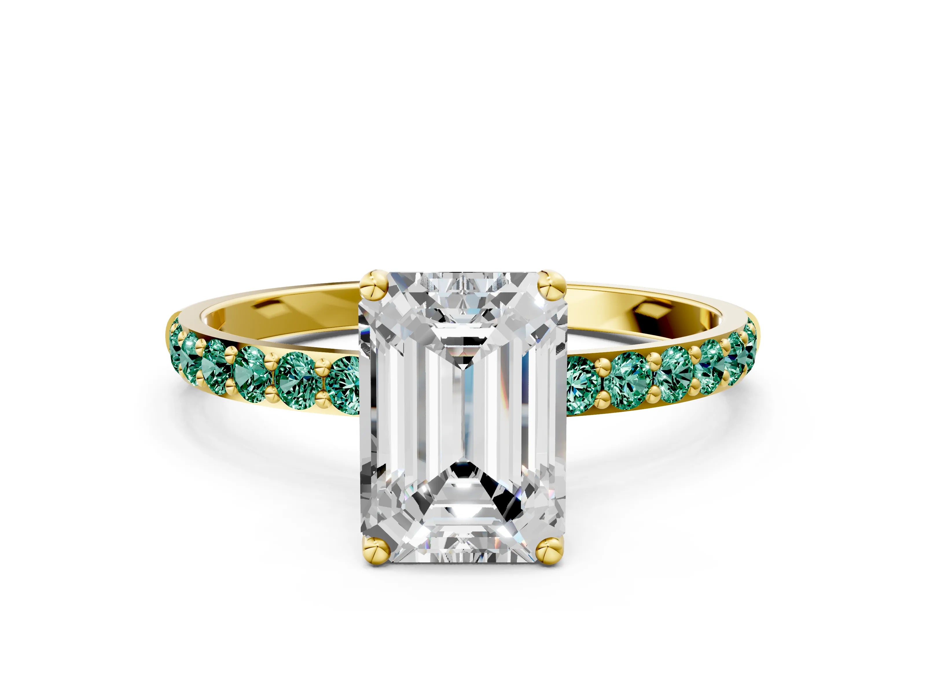 Yellow gold Emerald Cut Diamond Solitaire Engagement Ring with Round with Green Sapphire side stone Pavé Band and Prong Setting