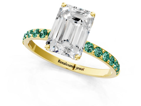 Yellow gold Emerald Cut Diamond Solitaire Engagement Ring with Round with Green Sapphire side stone Pavé Band and Prong Setting_1
