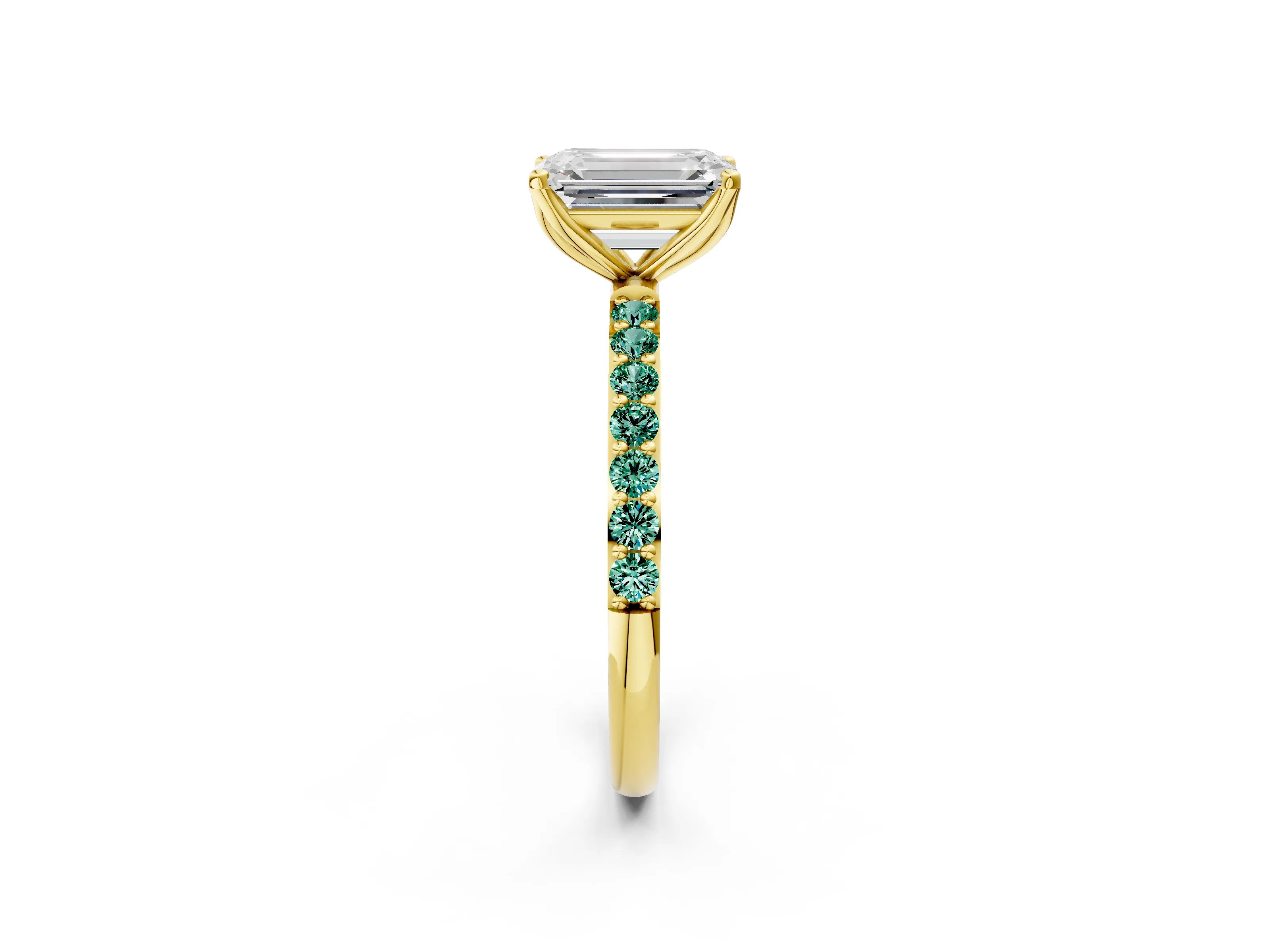 Yellow gold Emerald Cut Diamond Solitaire Engagement Ring with Round with Green Sapphire side stone Pavé Band and Prong Setting_2
