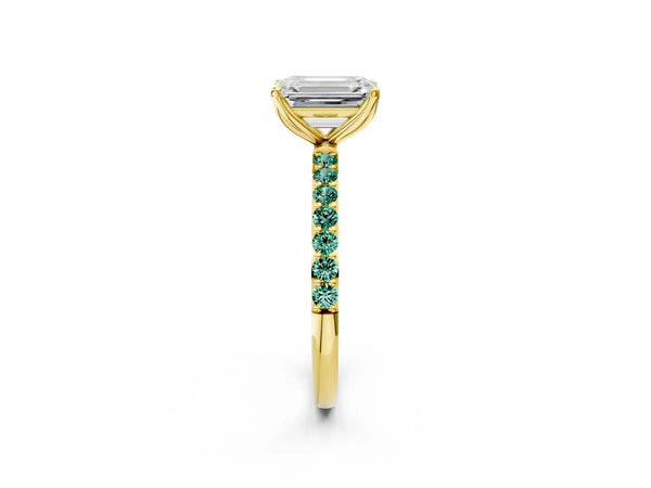 Yellow gold Emerald Cut Diamond Solitaire Engagement Ring with Round with Green Sapphire side stone Pavé Band and Prong Setting