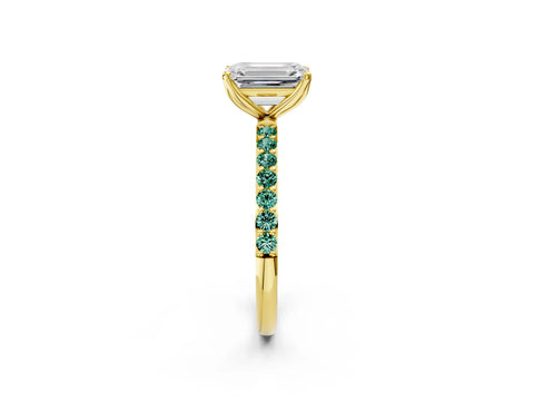 Yellow gold Emerald Cut Diamond Solitaire Engagement Ring with Round with Green Sapphire side stone Pavé Band and Prong Setting_2