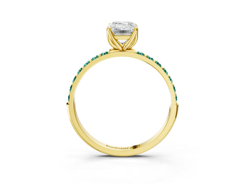 Yellow gold Emerald Cut Diamond Solitaire Engagement Ring with Round with Green Sapphire side stone Pavé Band and Prong Setting_3