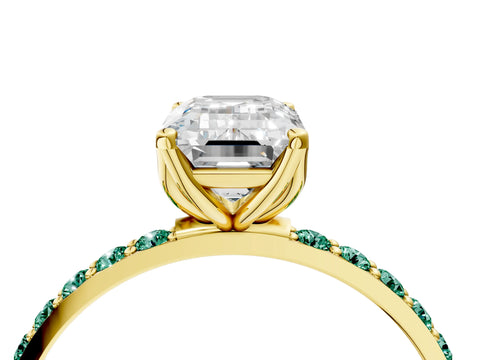Yellow gold Emerald Cut Diamond Solitaire Engagement Ring with Round with Green Sapphire side stone Pavé Band and Prong Setting_4