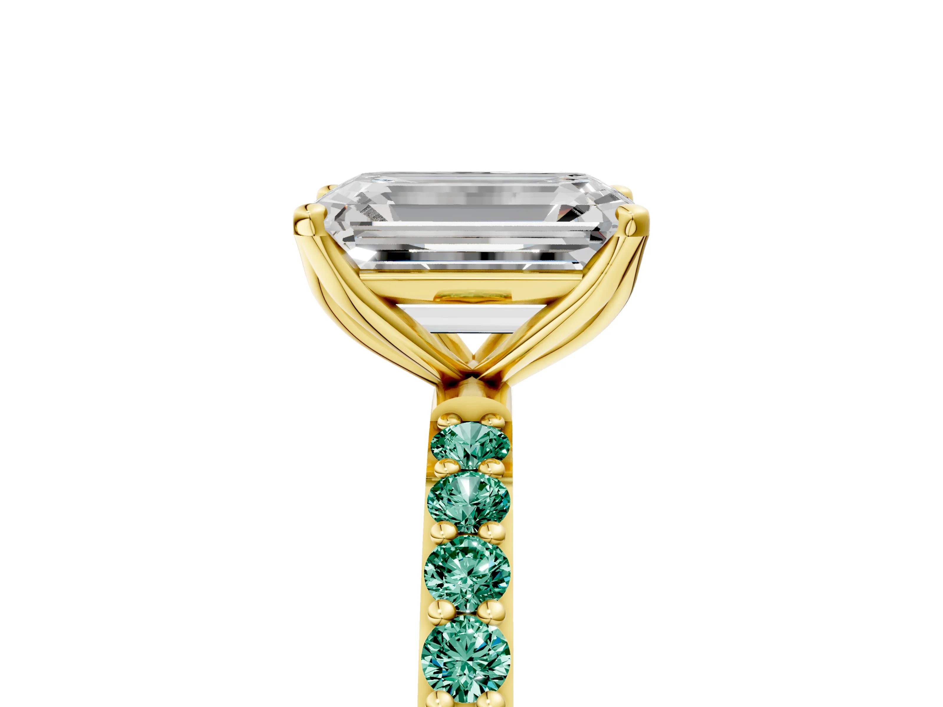 Yellow gold Emerald Cut Diamond Solitaire Engagement Ring with Round with Green Sapphire side stone Pavé Band and Prong Setting_5