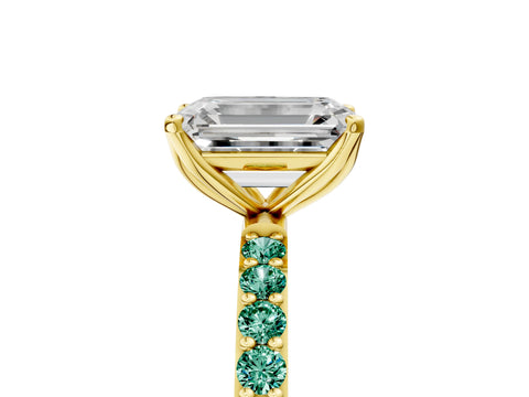 Yellow gold Emerald Cut Diamond Solitaire Engagement Ring with Round with Green Sapphire side stone Pavé Band and Prong Setting_5