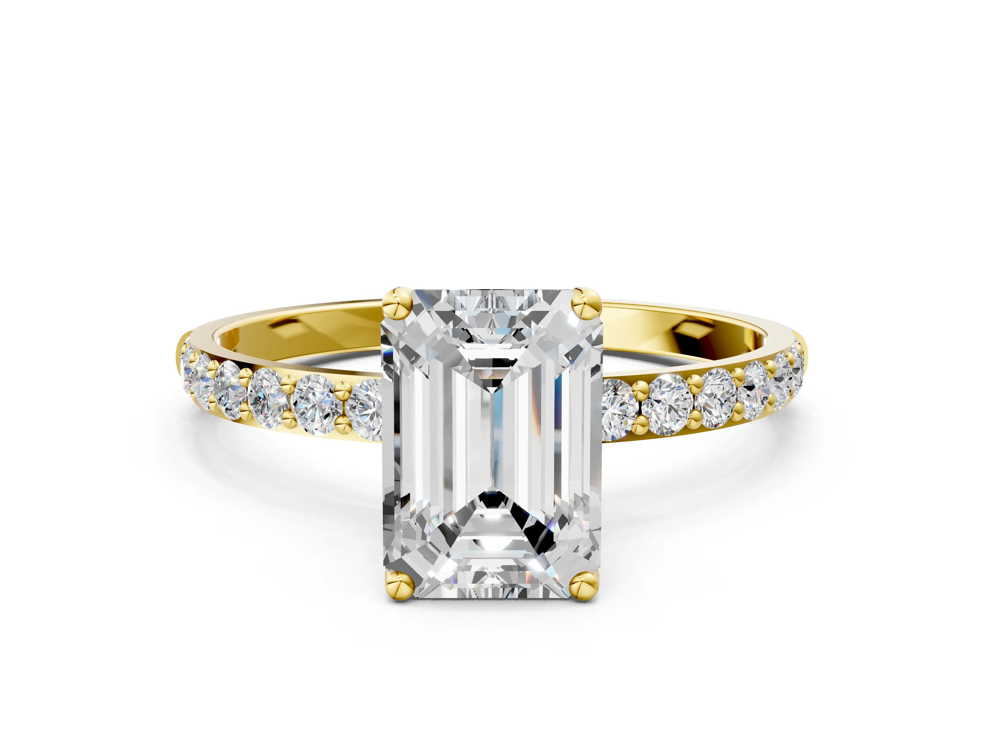 Yellow gold Emerald Cut Diamond Solitaire Engagement Ring with Round with Moissanite side stone Pavé Band and Prong Setting