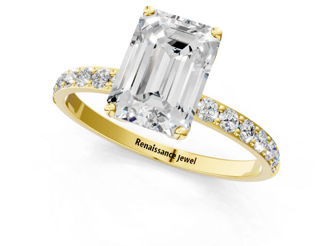 Yellow gold Emerald Cut Diamond Solitaire Engagement Ring with Round with Moissanite side stone Pavé Band and Prong Setting_1