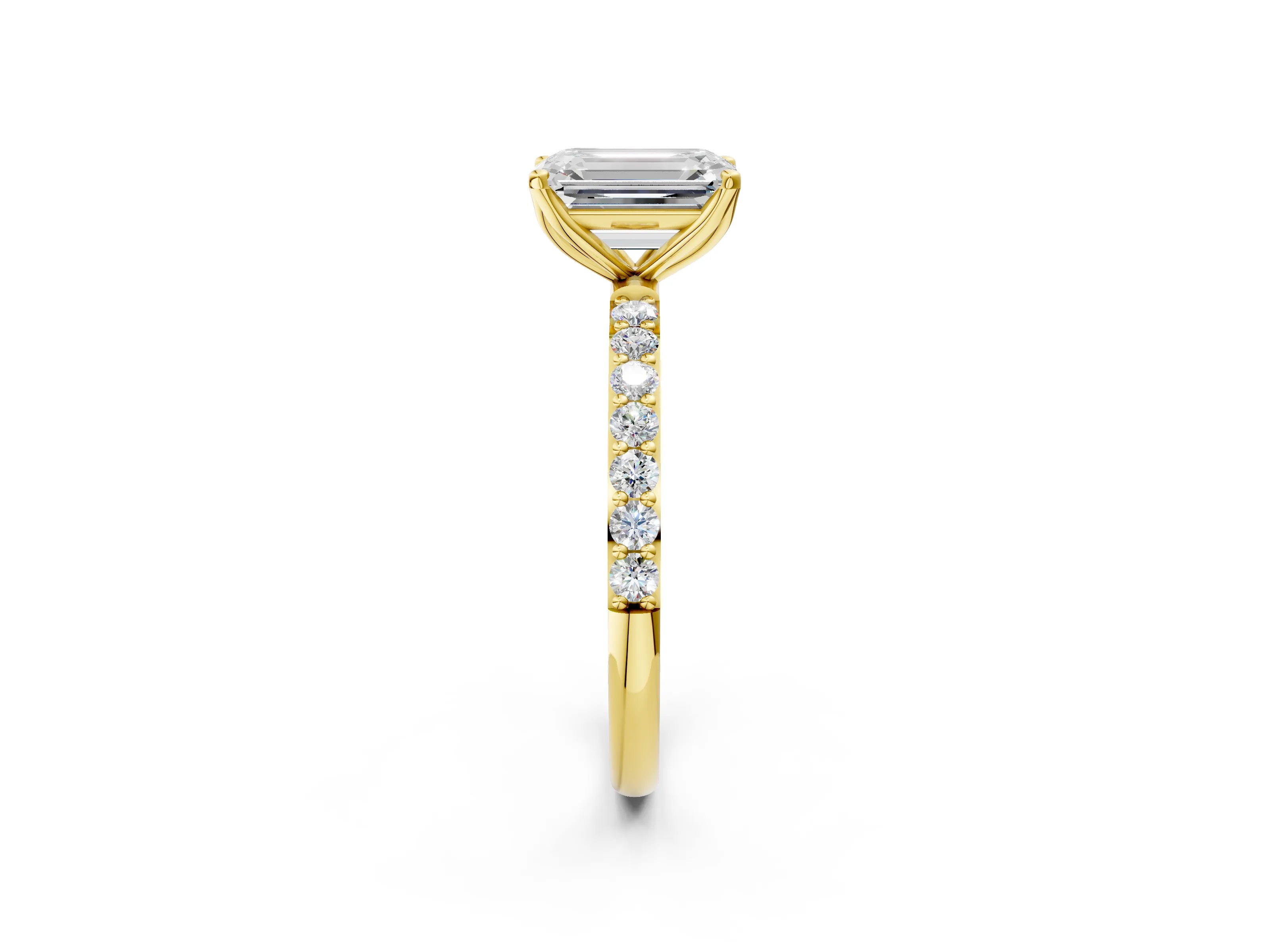 Yellow gold Emerald Cut Diamond Solitaire Engagement Ring with Round with Moissanite side stone Pavé Band and Prong Setting_2