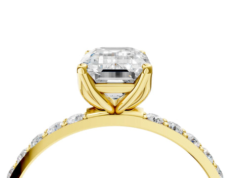 Yellow gold Emerald Cut Diamond Solitaire Engagement Ring with Round with Moissanite side stone Pavé Band and Prong Setting_4
