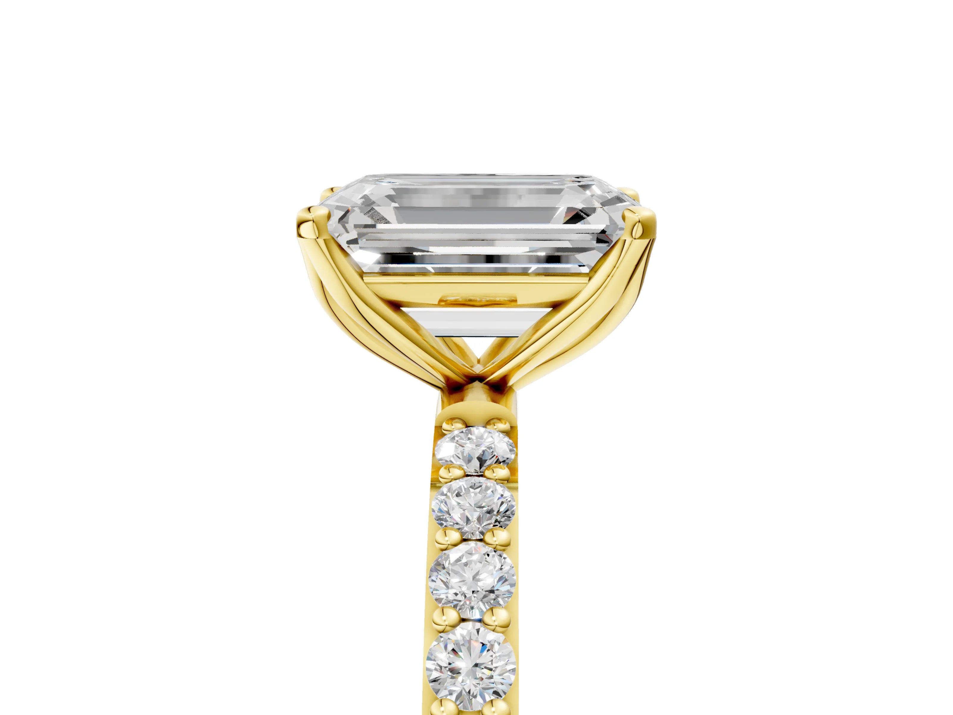 Yellow gold Emerald Cut Diamond Solitaire Engagement Ring with Round with Moissanite side stone Pavé Band and Prong Setting_5