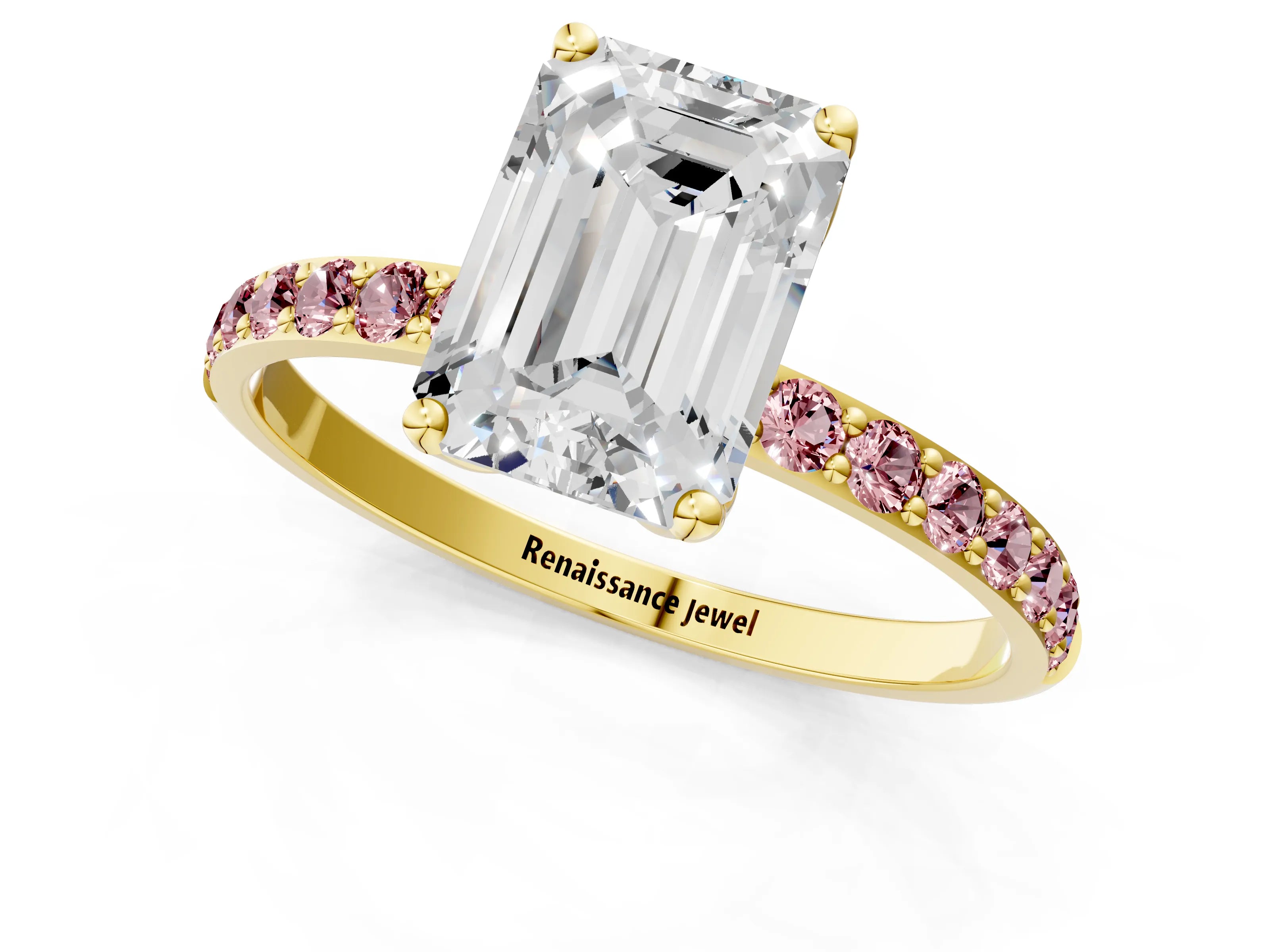 Yellow gold Emerald Cut Diamond Solitaire Engagement Ring with Round with Morganite side stone Pavé Band and Prong Setting_1
