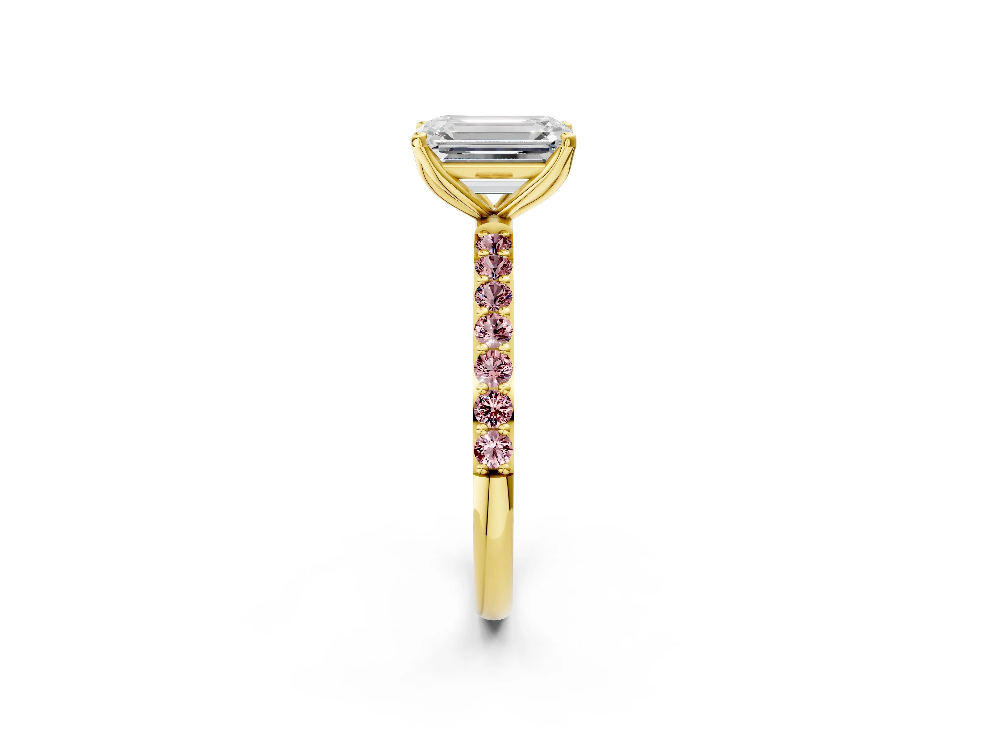 Yellow gold Emerald Cut Diamond Solitaire Engagement Ring with Round with Morganite side stone Pavé Band and Prong Setting_2