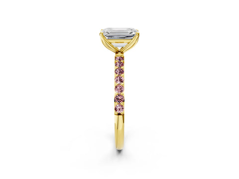 Yellow gold Emerald Cut Diamond Solitaire Engagement Ring with Round with Morganite side stone Pavé Band and Prong Setting_2