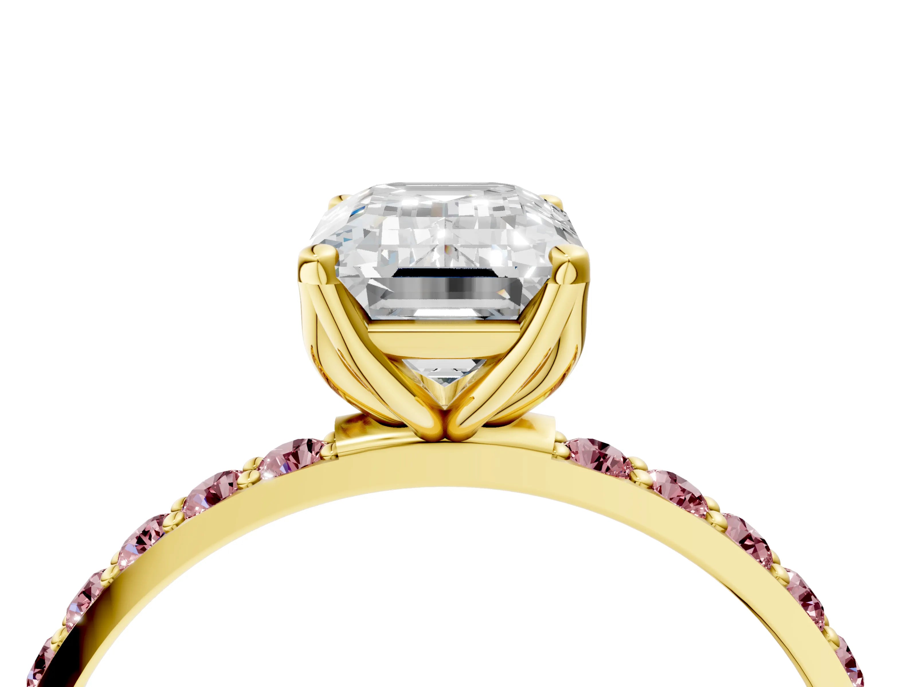 Yellow gold Emerald Cut Diamond Solitaire Engagement Ring with Round with Morganite side stone Pavé Band and Prong Setting_4