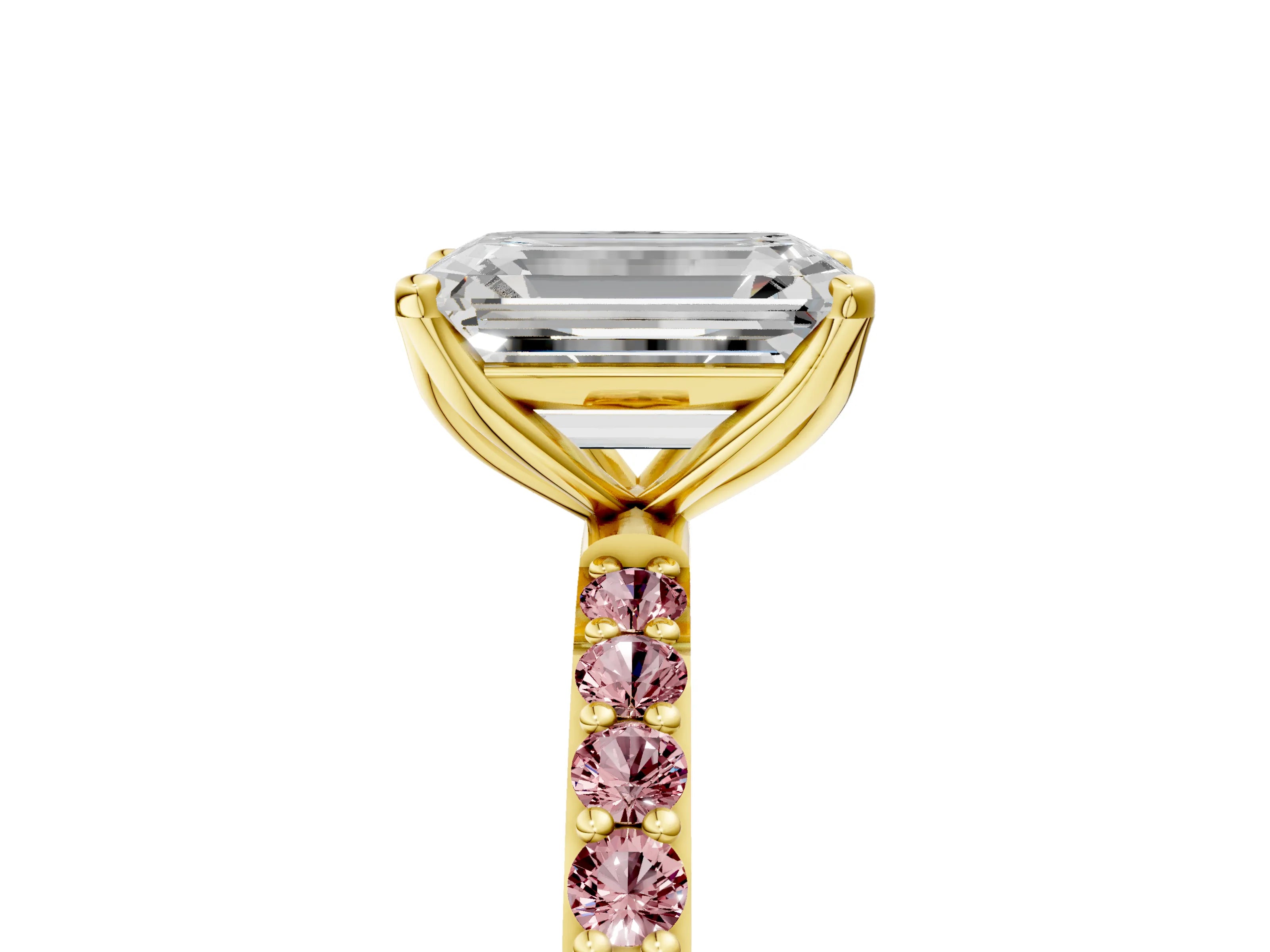 Yellow gold Emerald Cut Diamond Solitaire Engagement Ring with Round with Morganite side stone Pavé Band and Prong Setting_5