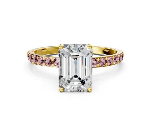Yellow gold Emerald Cut Diamond Solitaire Engagement Ring with Round with Morganite side stone Pavé Band and Prong Setting