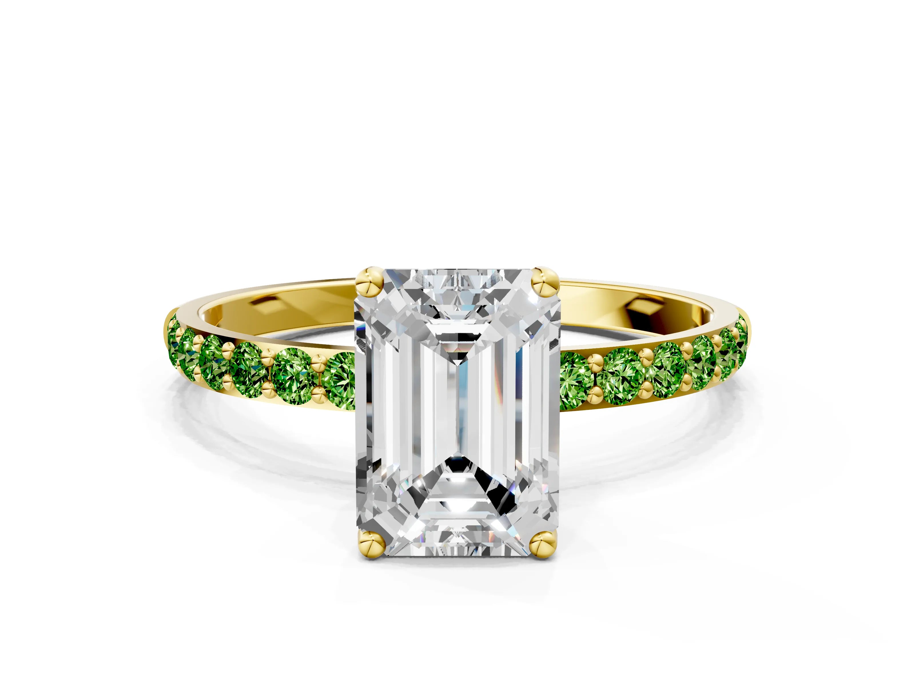 Yellow gold Emerald Cut Diamond Solitaire Engagement Ring with Round with Peridot side stone Pavé Band and Prong Setting