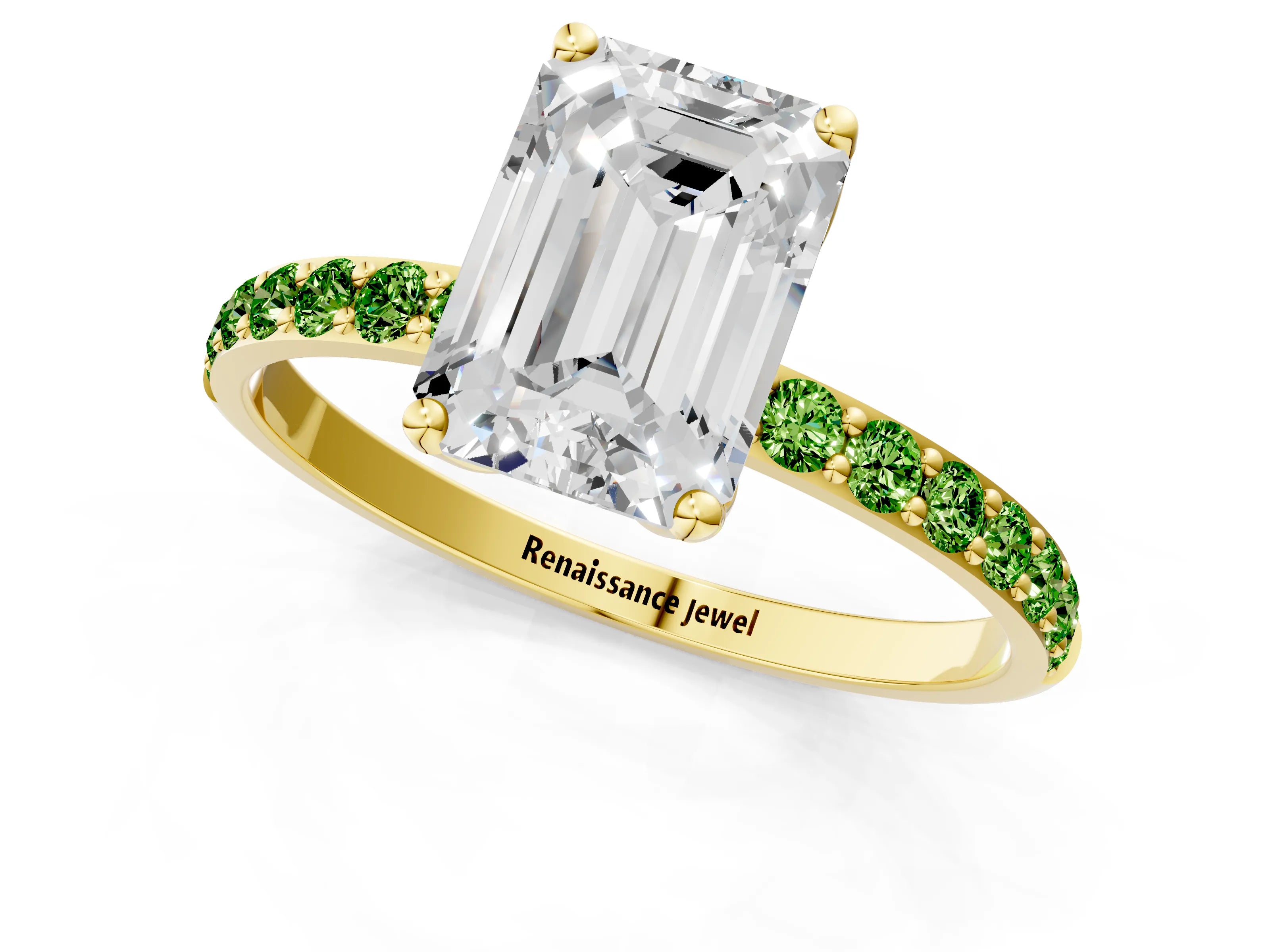 Yellow gold Emerald Cut Diamond Solitaire Engagement Ring with Round with Peridot side stone Pavé Band and Prong Setting_1